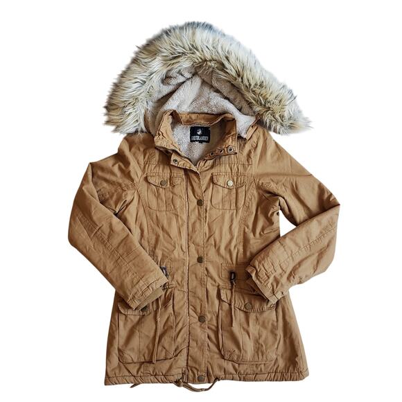 Greenlander Jacket Womens M Tan Cargo Utility Faux Fur Hood Winter Cozy Coat - Picture 1 of 11
